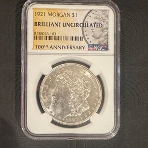 1921 Morgan Silver Dollar NGC BU 100th Anniversary Slabbed 90% Silver Coin